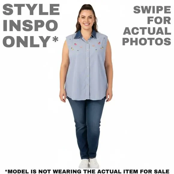 Bill Blass Women 2X Blue/White Striped Sleeveless Top with Embroidery [0275] - Picture 2 of 8